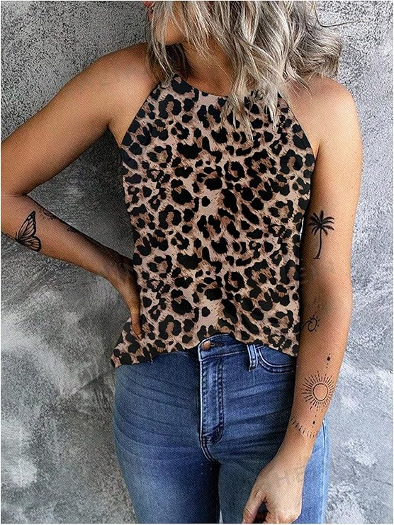 Women's Leopard Print Sleeveless Tank Top Summer Casual Tee Shirt