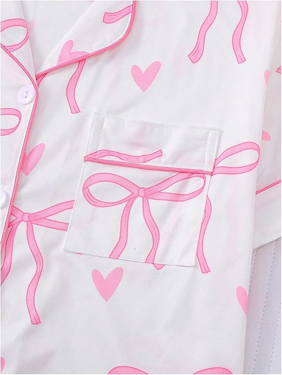 Women's 2 Piece Bow Print Pajama Set Short Sleeve Button Down Lounge Shorts Sleepwear Sets