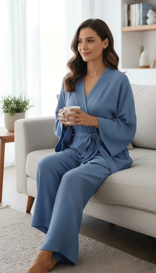 2Piece Women Pajamas Set Cotton Lightweight Pajamas Bathrobes Lounge Sets with Open Front Cardigan Belted Robe Set