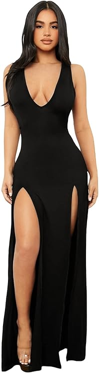 Women's Plunging Deep V Bandage High Split Sexy Dress Solid Bodycon Maxi Dress