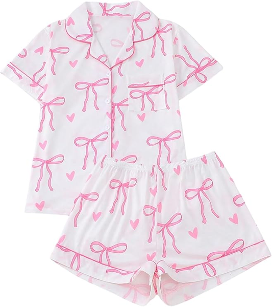 Women's 2 Piece Bow Print Pajama Set Short Sleeve Button Down Lounge Shorts Sleepwear Sets
