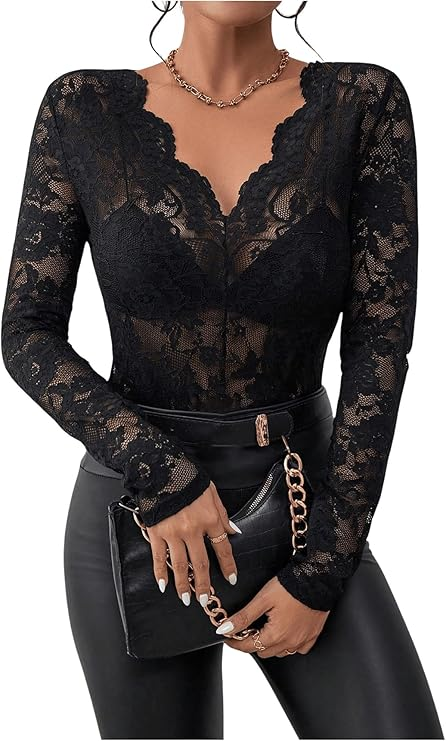 Women's Floral Embroidery Mesh Lace Round Neck Long Sleeve Top