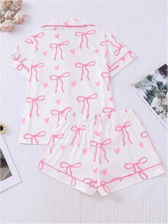 Women's 2 Piece Bow Print Pajama Set Short Sleeve Button Down Lounge Shorts Sleepwear Sets