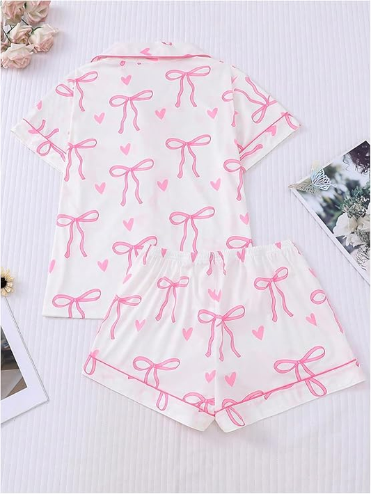 Women's 2 Piece Bow Print Pajama Set Short Sleeve Button Down Lounge Shorts Sleepwear Sets