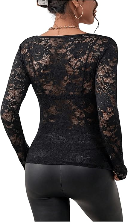 Women's Floral Embroidery Mesh Lace Round Neck Long Sleeve Top