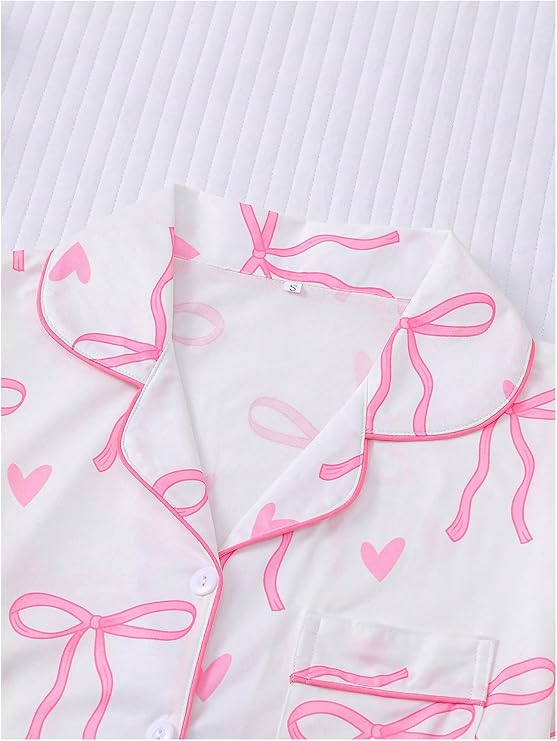 Women's 2 Piece Bow Print Pajama Set Short Sleeve Button Down Lounge Shorts Sleepwear Sets