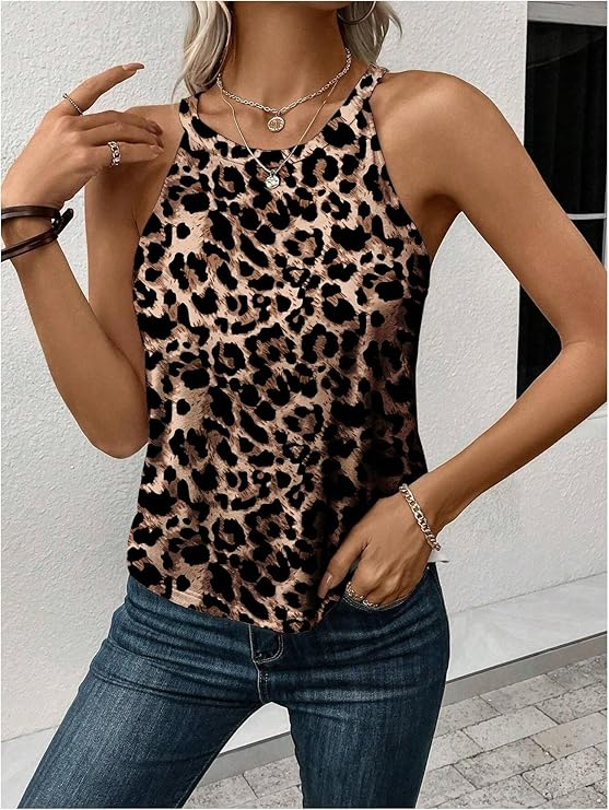 Women's Leopard Print Sleeveless Tank Top Summer Casual Tee Shirt