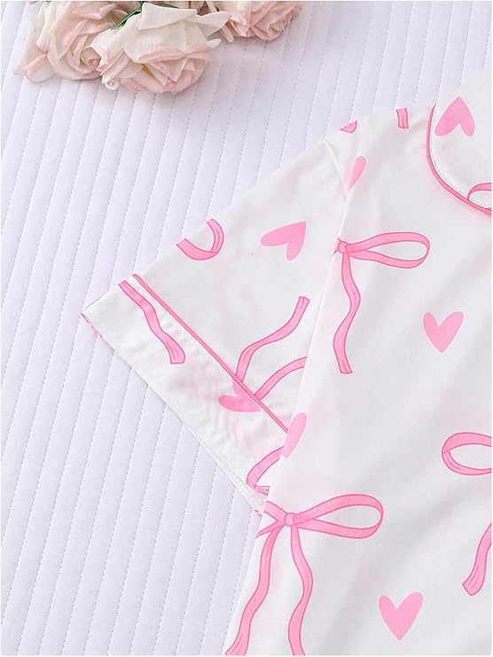 Women's 2 Piece Bow Print Pajama Set Short Sleeve Button Down Lounge Shorts Sleepwear Sets
