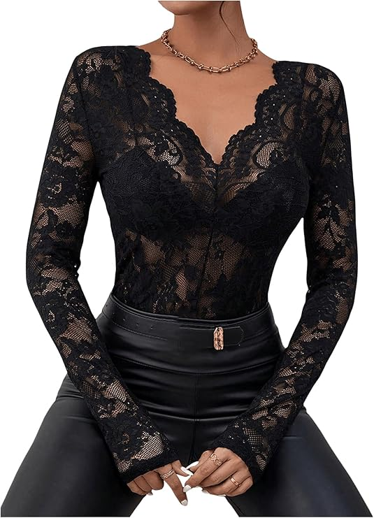 Women's Floral Embroidery Mesh Lace Round Neck Long Sleeve Top