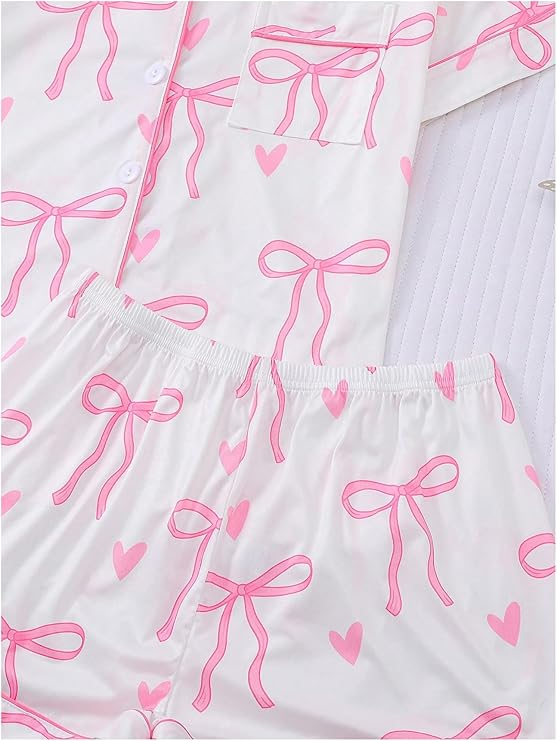 Women's 2 Piece Bow Print Pajama Set Short Sleeve Button Down Lounge Shorts Sleepwear Sets