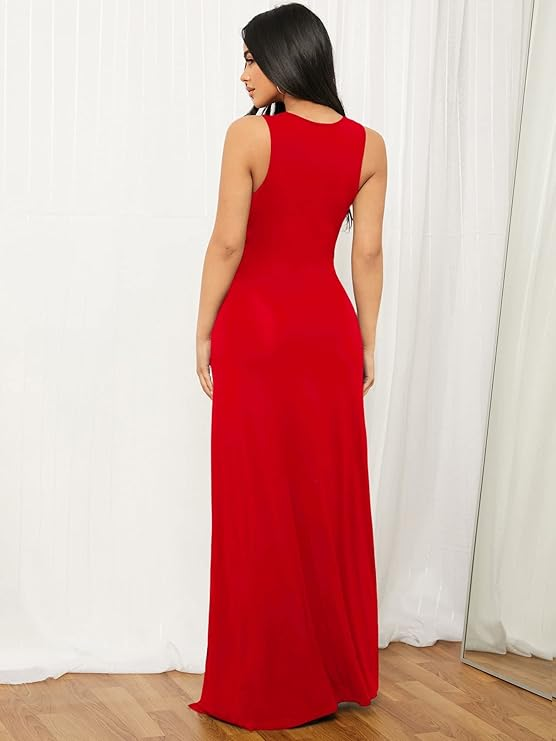 Women's Plunging Deep V Bandage High Split Sexy Dress Solid Bodycon Maxi Dress