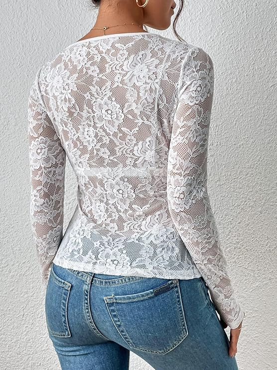 Women's Floral Embroidery Mesh Lace Round Neck Long Sleeve Top
