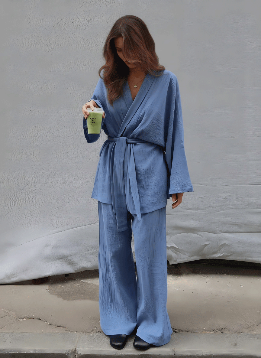 2Piece Women Pajamas Set Cotton Lightweight Pajamas Bathrobes Lounge Sets with Open Front Cardigan Belted Robe Set