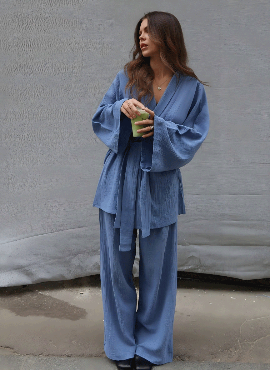 2Piece Women Pajamas Set Cotton Lightweight Pajamas Bathrobes Lounge Sets with Open Front Cardigan Belted Robe Set