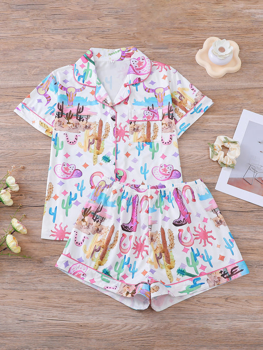 2pcs Western Pattern Pajamas Set, Western Cactus & Cowboy Print PJ Set,Short Sleeve Collared Top & Relaxed Elastic Waist Shorts, Casual Sleepwear Loungewear - Playful Comfort Meets Vintage Charm