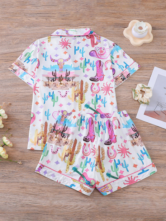 2pcs Western Pattern Pajamas Set, Western Cactus & Cowboy Print PJ Set,Short Sleeve Collared Top & Relaxed Elastic Waist Shorts, Casual Sleepwear Loungewear - Playful Comfort Meets Vintage Charm